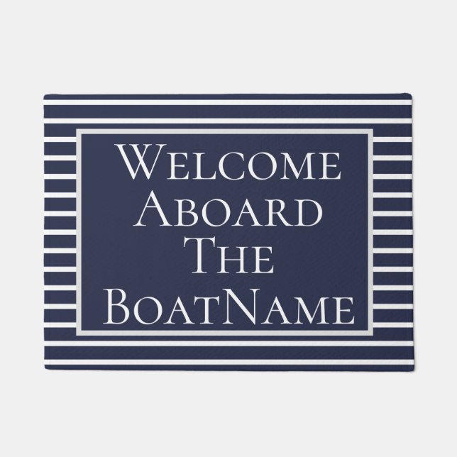 Navy and White Welcome Aboard Boat Doormat Deurmat (Voorkant)