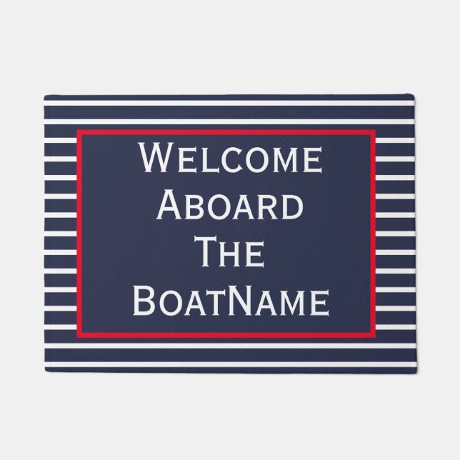 Navy and White Welcome Aboard Boat Doormat Deurmat (Voorkant)