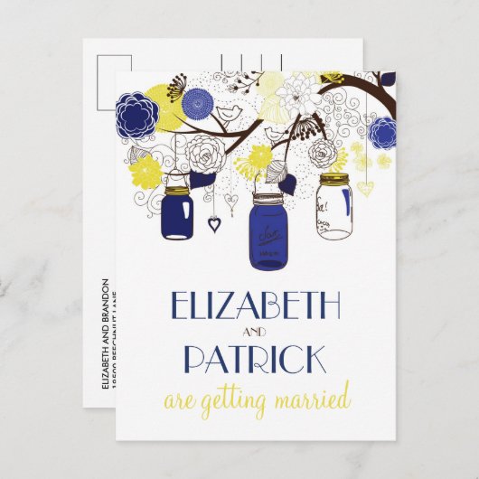 Navy and Yellow Mason Jars Save the Date Briefkaar Aankondigingskaart (Voorkant / Achterkant)