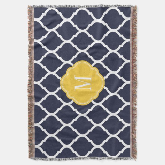 Navy and Yellow Moroccan Quatrefoil Monogram Deken (Voorkant Verticaal)