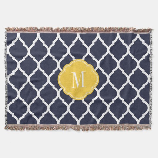 Navy and Yellow Moroccan Quatrefoil Monogram Deken (Voorkant)
