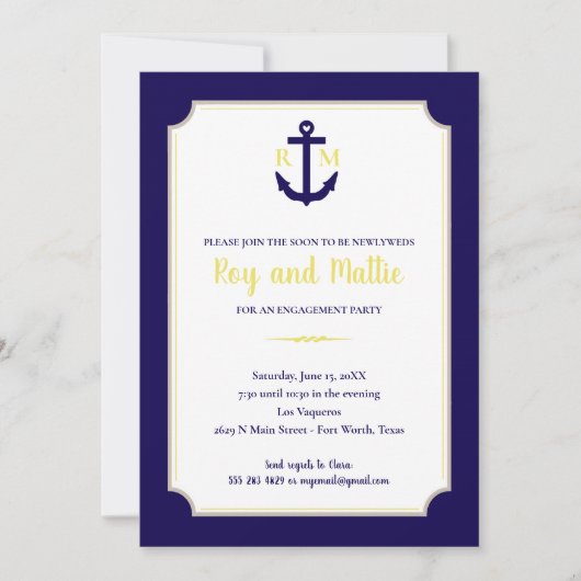 Navy and Yellow Nautical Anchor Engagement Party Kaart (Voorkant)