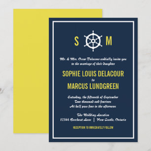 Navy and Yellow Nautical Monogram Weddenschap Kaart