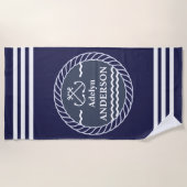 Navy Anker en Touw gepersonaliseerde strandlaken (Voorkant)