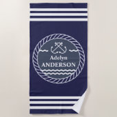 Navy Anker en Touw gepersonaliseerde strandlaken (Voorkant)