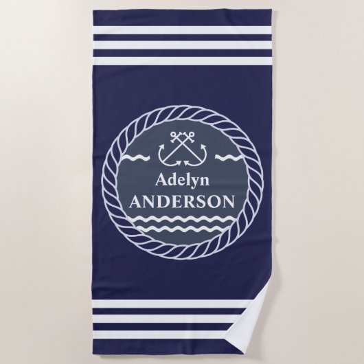 Navy Anker en Touw gepersonaliseerde strandlaken (Voorkant)