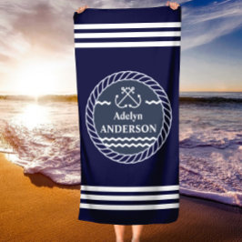 Navy Anker en Touw gepersonaliseerde strandlaken