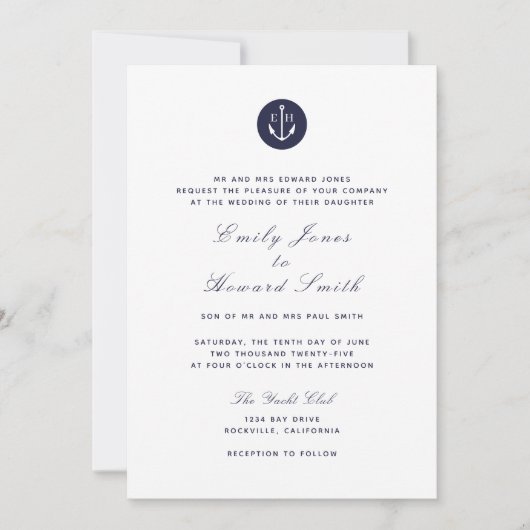 Navy Anker Monogram Bruiloft Uitnodigingen (Voorkant)