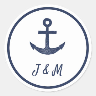Navy Anker Nautisch Thema Monogram Bruiloft Ronde Sticker