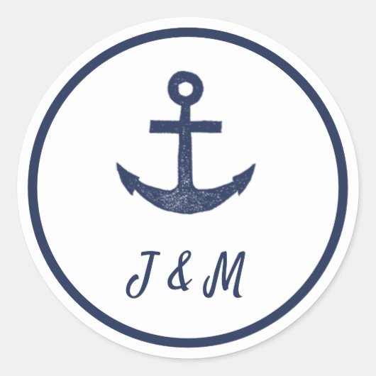Navy Anker Nautisch Thema Monogram Bruiloft Ronde Sticker (Voorkant)
