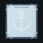 Navy Anker & Rope Nautical Jouw naam toevoegen Notitieblok<br><div class="desc">Nautisch notitieblok in blauwtinten met marineblauwe rand, witte touwdetails, een bleek anker en jouw naam. Noteer notities en dingen om te onthouden in dit notitieblok met ankerthema met nautische kleuren en gepersonaliseerd met jouw naam. Een notitieblok voor de kapitein in je leven met touw, een anker en hun naam in...</div>