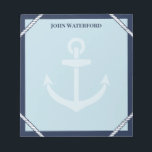 Navy Anker & Rope Nautical Jouw naam toevoegen Notitieblok<br><div class="desc">Nautisch notitieblok in blauwtinten met marineblauwe rand, witte touwdetails, een bleek anker en jouw naam. Noteer notities en dingen om te onthouden in dit notitieblok met ankerthema met nautische kleuren en gepersonaliseerd met jouw naam. Een notitieblok voor de kapitein in je leven met touw, een anker en hun naam in...</div>