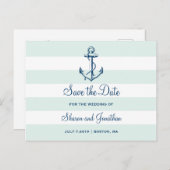 Navy Anker & Stripes Beach Bruiloft Save the Date Aankondigingskaart (Voorkant / Achterkant)