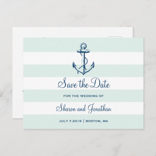 Navy Anker & Stripes Beach Bruiloft Save the Date Aankondigingskaart (Voorkant / Achterkant)