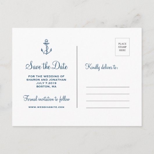 Navy Anker & Stripes Beach Bruiloft Save the Date Aankondigingskaart (Achterkant)