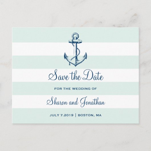 Navy Anker & Stripes Beach Bruiloft Save the Date Aankondigingskaart (Voorkant)