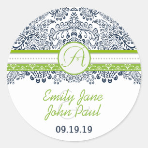 Navy Apple Green Grey Lace Wedding Ronde Sticker