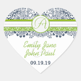 Navy Apple Green Grey Tortelduifjes Wedding Invite Hart Sticker