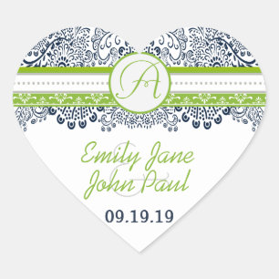 Navy Apple Green Grey Tortelduifjes Wedding Invite Hart Sticker