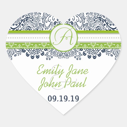 Navy Apple Green Grey Tortelduifjes Wedding Invite Hart Sticker (Voorkant)