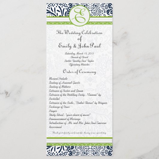 Navy Apple Green Grey Tortelduifjes Wedding Progra Programmakaart (Voorkant)