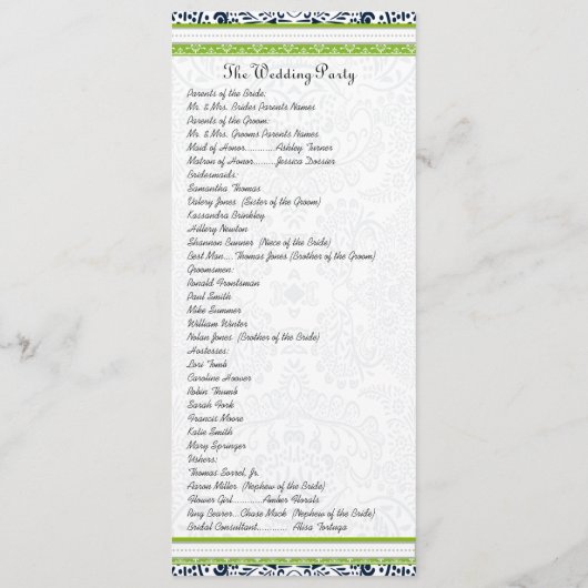 Navy Apple Green Grey Tortelduifjes Wedding Progra Programmakaart (Achterkant)