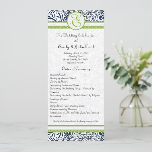 Navy Apple Green Grey Tortelduifjes Wedding Progra Programmakaart (Staand voorkant)