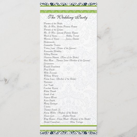 Navy Apple Green Grey Tortelduifjes Wedding Progra Programmakaart (Achterkant)