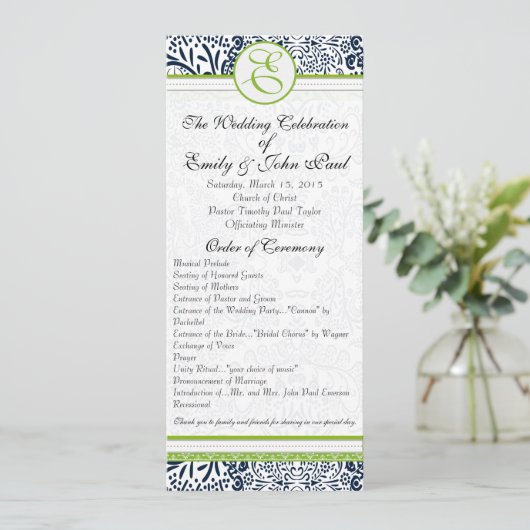 Navy Apple Green Grey Tortelduifjes Wedding Progra Programmakaart (Staand voorkant)