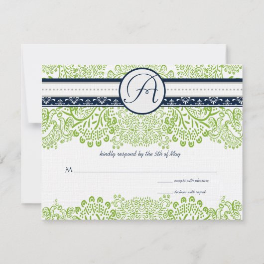 Navy Apple Groen Grijs Tortelduifjes Bruiloft RSVP (Achterkant)