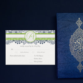 Navy Apple Groen Grijs Tortelduifjes Bruiloft RSVP