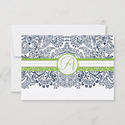 Navy Apple Groen Grijs Tortelduifjes Bruiloft RSVP (Voorkant)