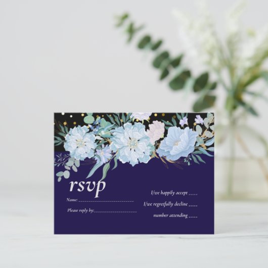Navy Aqua Blue Floral Wedding Budget Uitnodiging Briefkaart (Staand voorkant)
