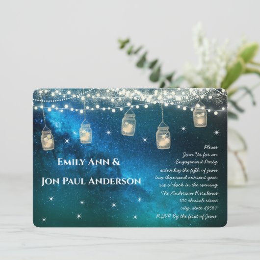 Navy Aqua Blue Opulence Mason Jar Engagement Party Kaart (Staand voorkant)