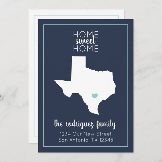 Navy & Aqua Home Sweet Home - Texas Moving Aankondiging (Voorkant / Achterkant)