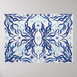 Navy Aqua Zeewier Botanische Symmetrie Poster