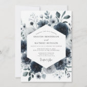 Navy Aquarelle Bloom Wedding Kaart (Voorkant)
