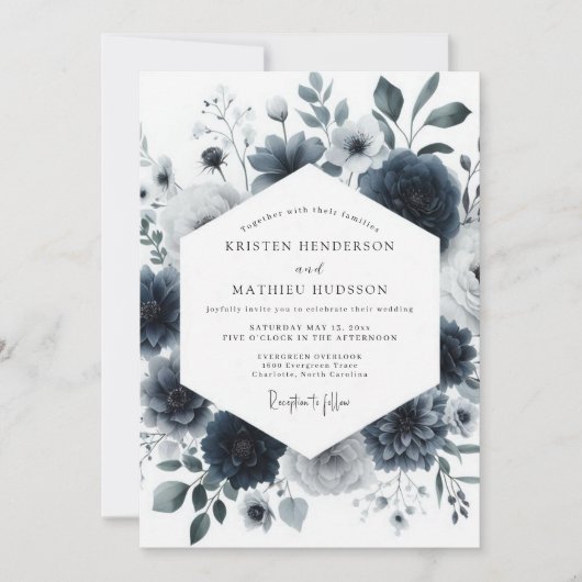 Navy Aquarelle Bloom Wedding Kaart (Voorkant)