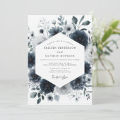 Navy Aquarelle Bloom Wedding Kaart (Staand voorkant)