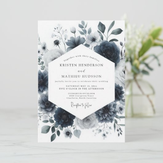 Navy Aquarelle Bloom Wedding Kaart (Staand voorkant)