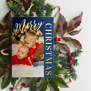 Navy Arch Shaped Photo Merry KerstGold Folie Feestdagenkaart