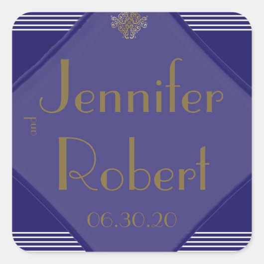 Navy Art Deco Posh Bruiloft Envelop Seal Vierkante Sticker (Voorkant)