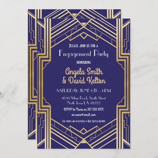 Navy Art Deco Verloving Nodig Gatsby 1920 uit Kaart (Voorkant / Achterkant)