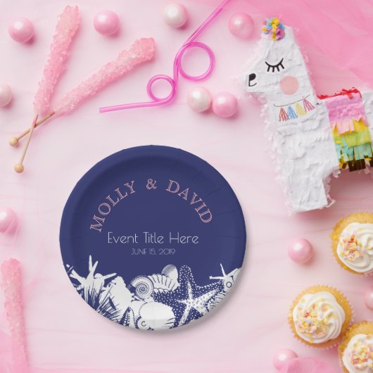 Navy Artsy Beach Seashells gepersonaliseerde parti Papieren Bordje (Feest)
