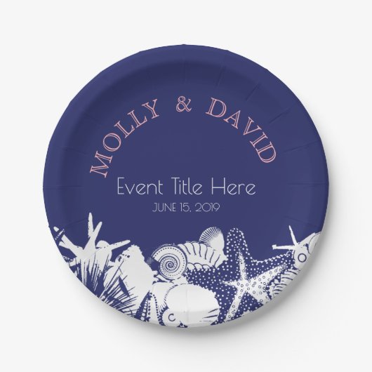 Navy Artsy Beach Seashells gepersonaliseerde parti Papieren Bordje (Voorkant)