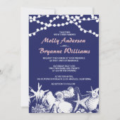 Navy Artsy Seashells String Lights Beach Weddensch Kaart (Voorkant)