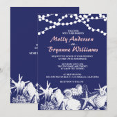 Navy Artsy Seashells String Lights Beach Weddensch Kaart (Voorkant / Achterkant)