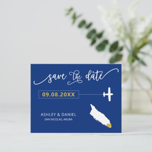 Navy Aruba Wedding Save the Date Map Briefkaart (Staand voorkant)