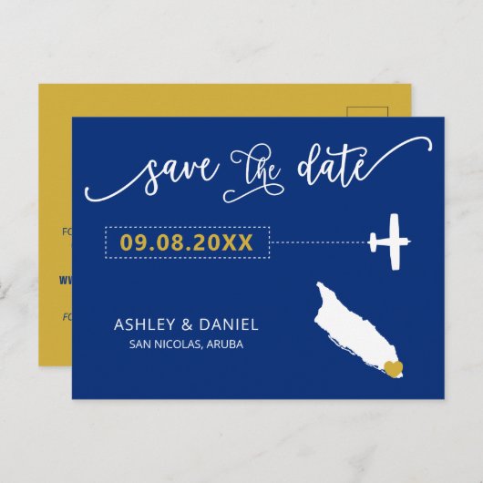 Navy Aruba Wedding Save the Date Map Briefkaart (Voorkant / Achterkant)