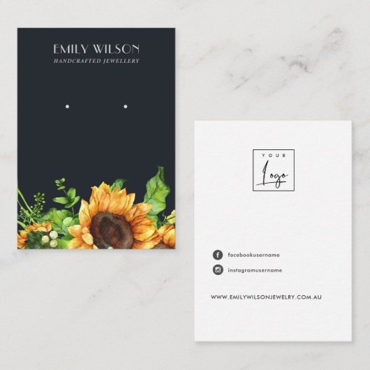NAVY AUTUMN HERFST SUNFLOWER STUD EARRING DISPLAY VISITEKAARTJE (Voorkant / Achterkant)